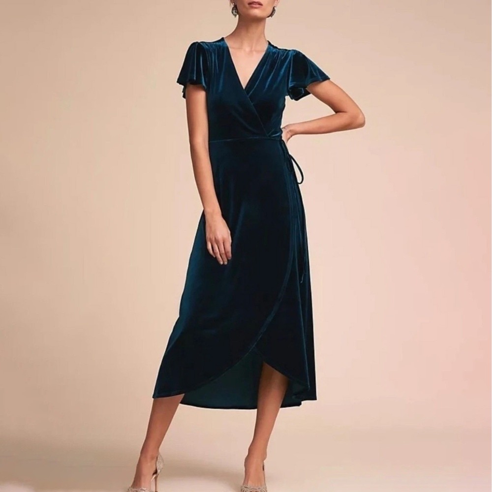 BHLDN Anthropologie Green Teal Thrive Velvet Wrap Midi Dress Sz 12 Glam